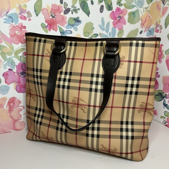 💯Authentic  BURBERRY HAYMARKET CHECK TOTE BAG LEATHER  HANDBAGS WOMEN🍀 - Picture 4 of 17